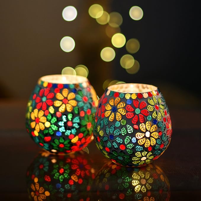 Tealight Candle Holders for Home Decor, Mosaic Glass, Flowers, Ramadan Decorations for Home
